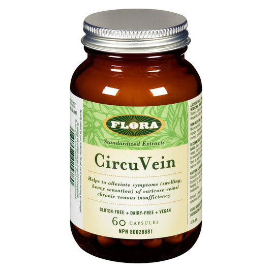 Bottle of Flora CircuVein supplement on a white background