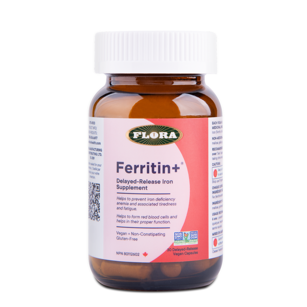 Flora Ferritin+ supplement bottle on a white background