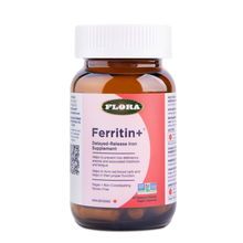 Flora Ferritin+ supplement bottle on a white background