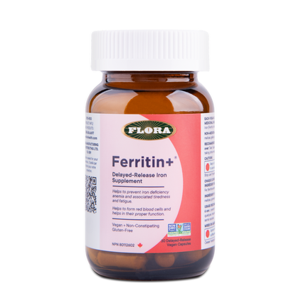Flora Ferritin+ supplement bottle on a white background