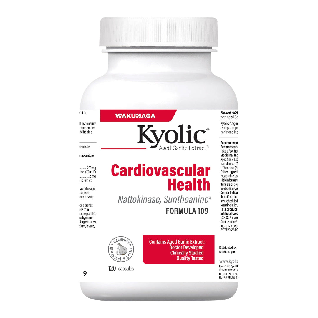 White supplement bottle labeled 'Kyolic' with red and black text on a white background
