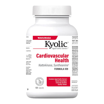 White supplement bottle labeled 'Kyolic' with red and black text on a white background