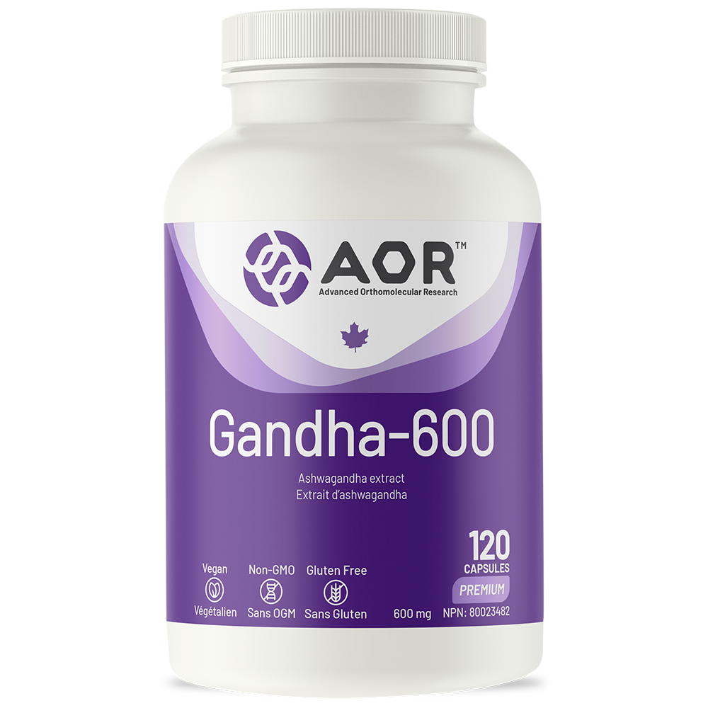 Supplement bottle labeled 'Gandha-600' by AOR on a white background