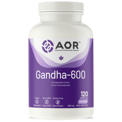 Supplement bottle labeled 'Gandha-600' by AOR on a white background