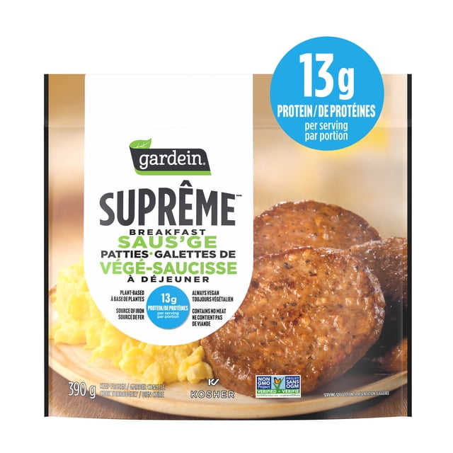 Gardein Supreme Breakfast Sausége plant-based patties in a retail package, showing the brand logo, product name, a blue '13g protein' callout, and a photo of brown patties with scrambled eggs.