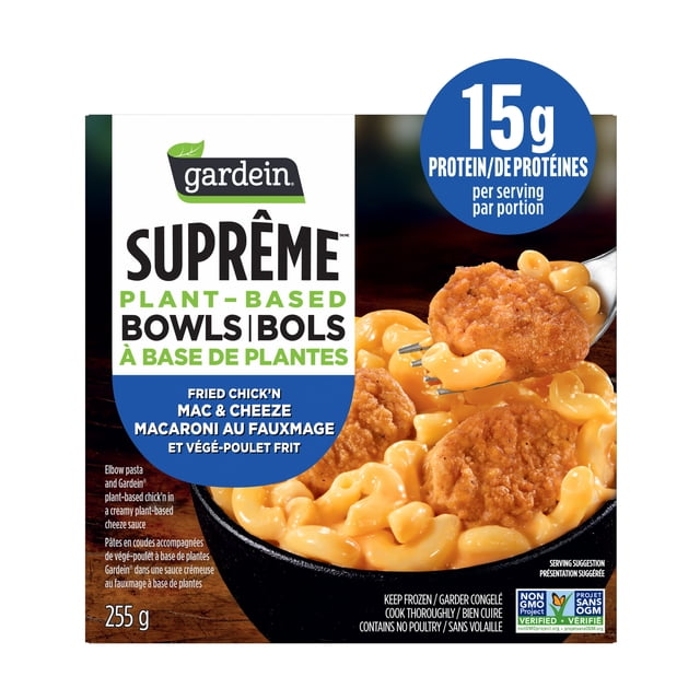 A package of Gardein Supreme Plant-Based Bowls, 250g. The packaging features a white and dark green background with blue and green text, alongside a photo of fried chicken and macaroni in a black bowl.