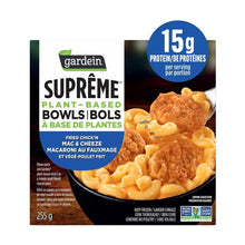 A package of Gardein Supreme Plant-Based Bowls, 250g. The packaging features a white and dark green background with blue and green text, alongside a photo of fried chicken and macaroni in a black bowl.
