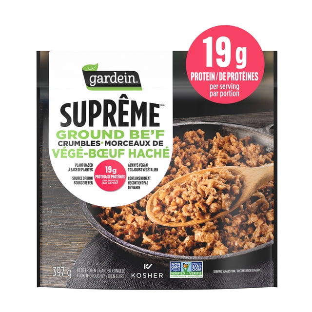 Gardein Supreme Ground Beef Crumbles package, featuring a white and black label with a photo of cooked ground beef in a skillet and a red circle highlighting 19g protein per serving.