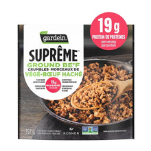 Gardein Supreme Ground Beef Crumbles package, featuring a white and black label with a photo of cooked ground beef in a skillet and a red circle highlighting 19g protein per serving.