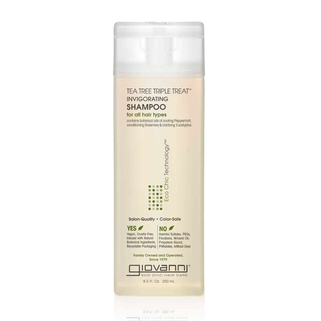 Giovanni Tea Tree Triple Treat shampoo bottle on a white background