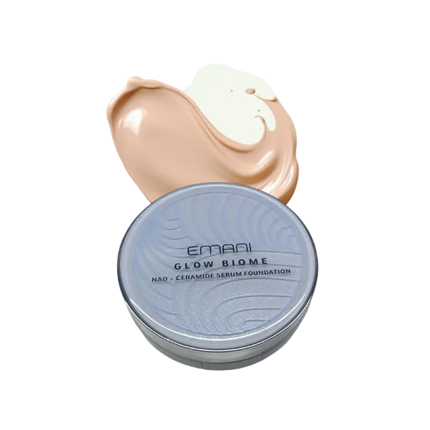Emani Glow Biome foundation jar with a swatch on a light background