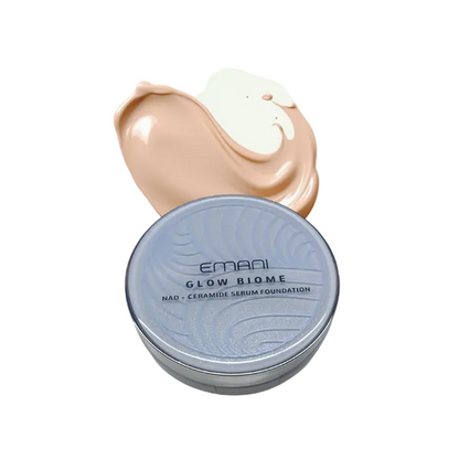 Emani Glow Biome foundation jar with a swatch on a light background