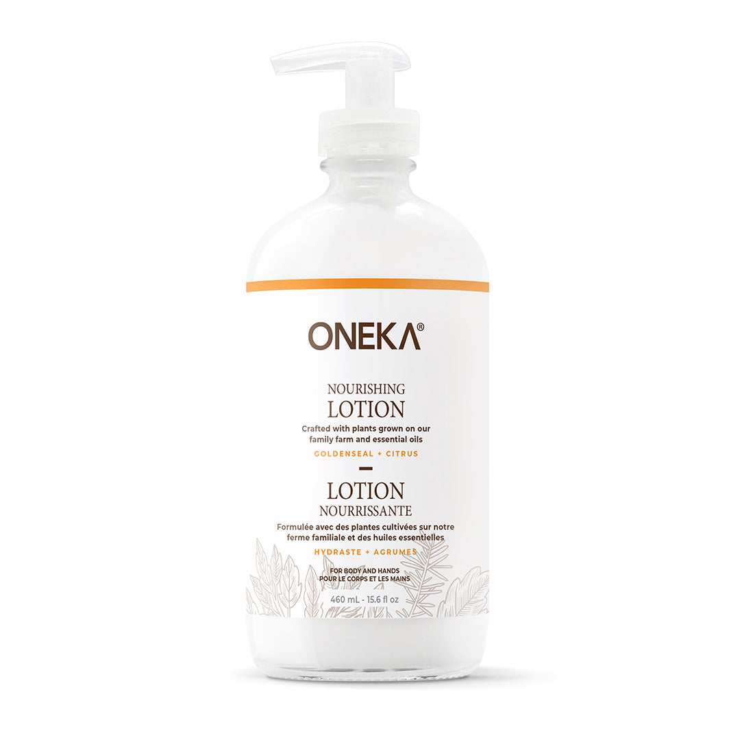Oneka nourishing lotion bottle on a white background