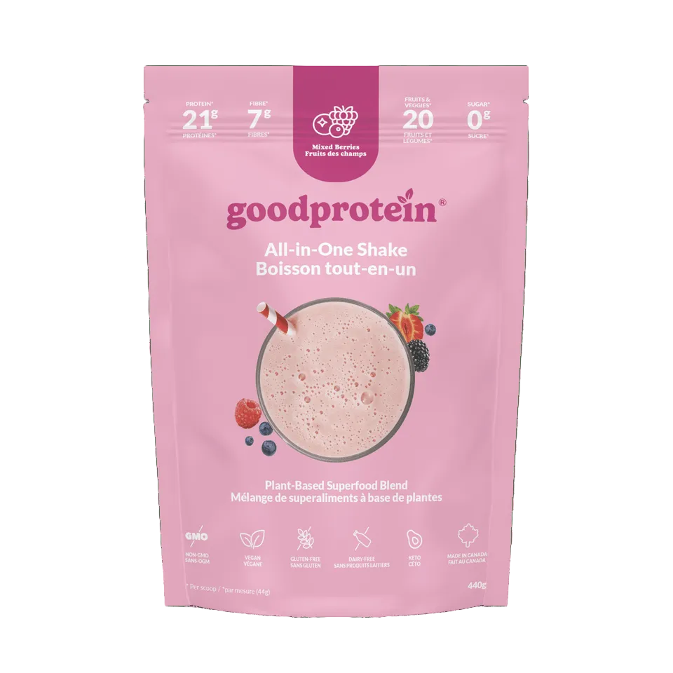 Pink package of goodprotein All-in-One Shake on a white background