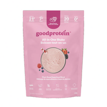 Pink package of goodprotein All-in-One Shake on a white background