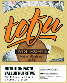 Front of a packaged baked tofu product with a large orange script reading 'tofu' on a pale yellow background, a photo of a browned square tofu slice, and bilingual nutrition facts text at the bottom.