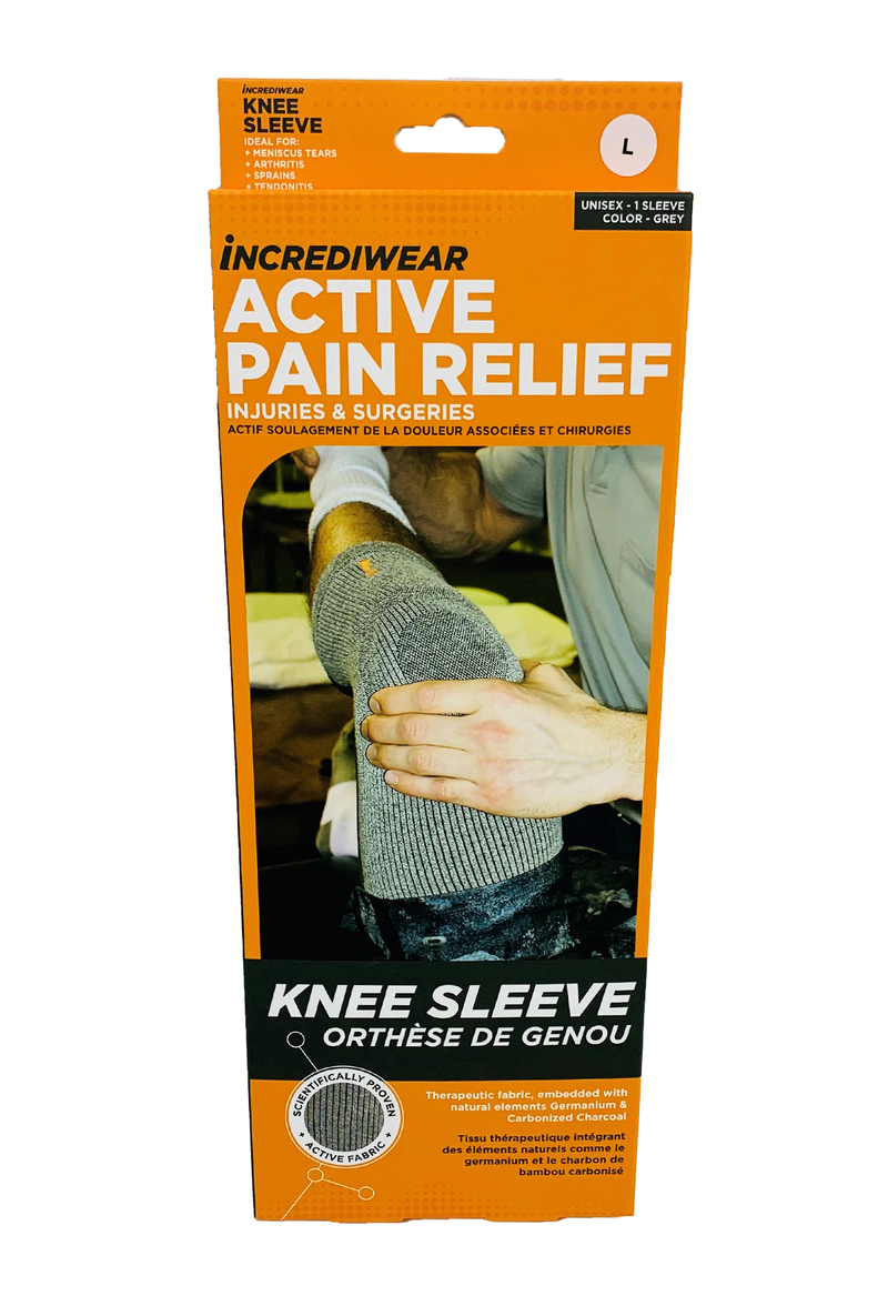 Package of Incrediiwear knee sleeve for active pain relief on a white background