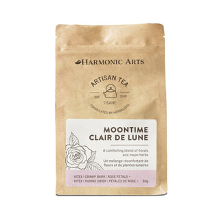 Harmonic Arts Artisan Tea package with 'Moontime Clair de Lune' on a white background