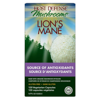 Box of Host Defense Mushrooms Lion's Mane capsules with mushroom image and text on a white background