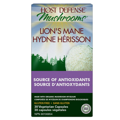 Box of Host Defense Mushrooms Lion's Mane capsules with mushroom illustration on a white background
