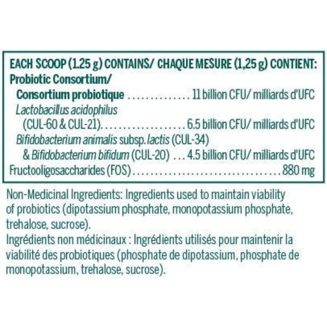 Nutritional label detailing probiotic content and ingredients on a white background