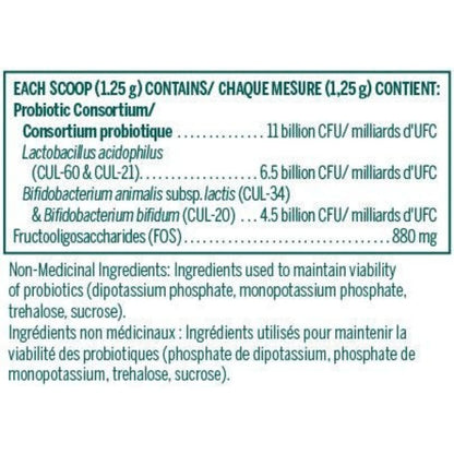 Nutritional label detailing probiotic content and ingredients on a white background