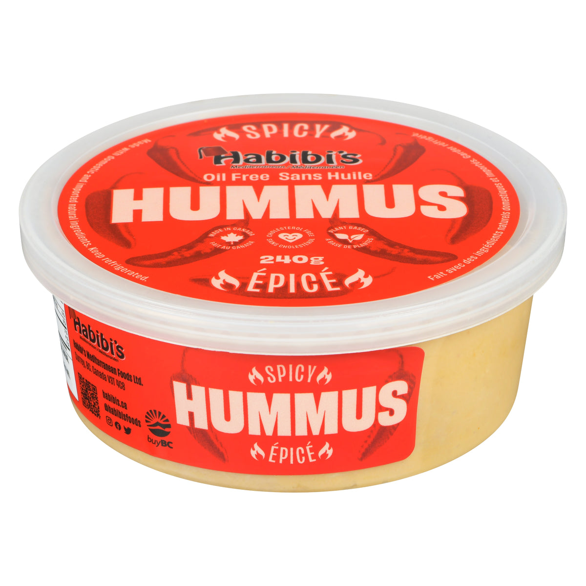 Spicy hummus container with red label on a white background