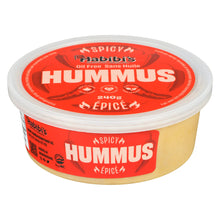 Spicy hummus container with red label on a white background