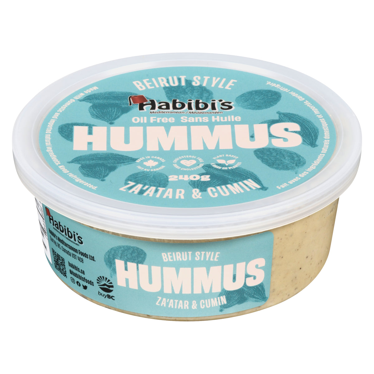 Habibi's hummus container with blue label on a white background