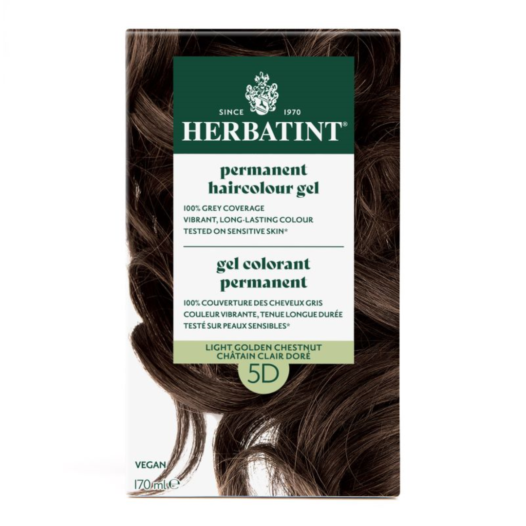 Herbatint permanent haircolour gel packaging with brown hair strands on a white background