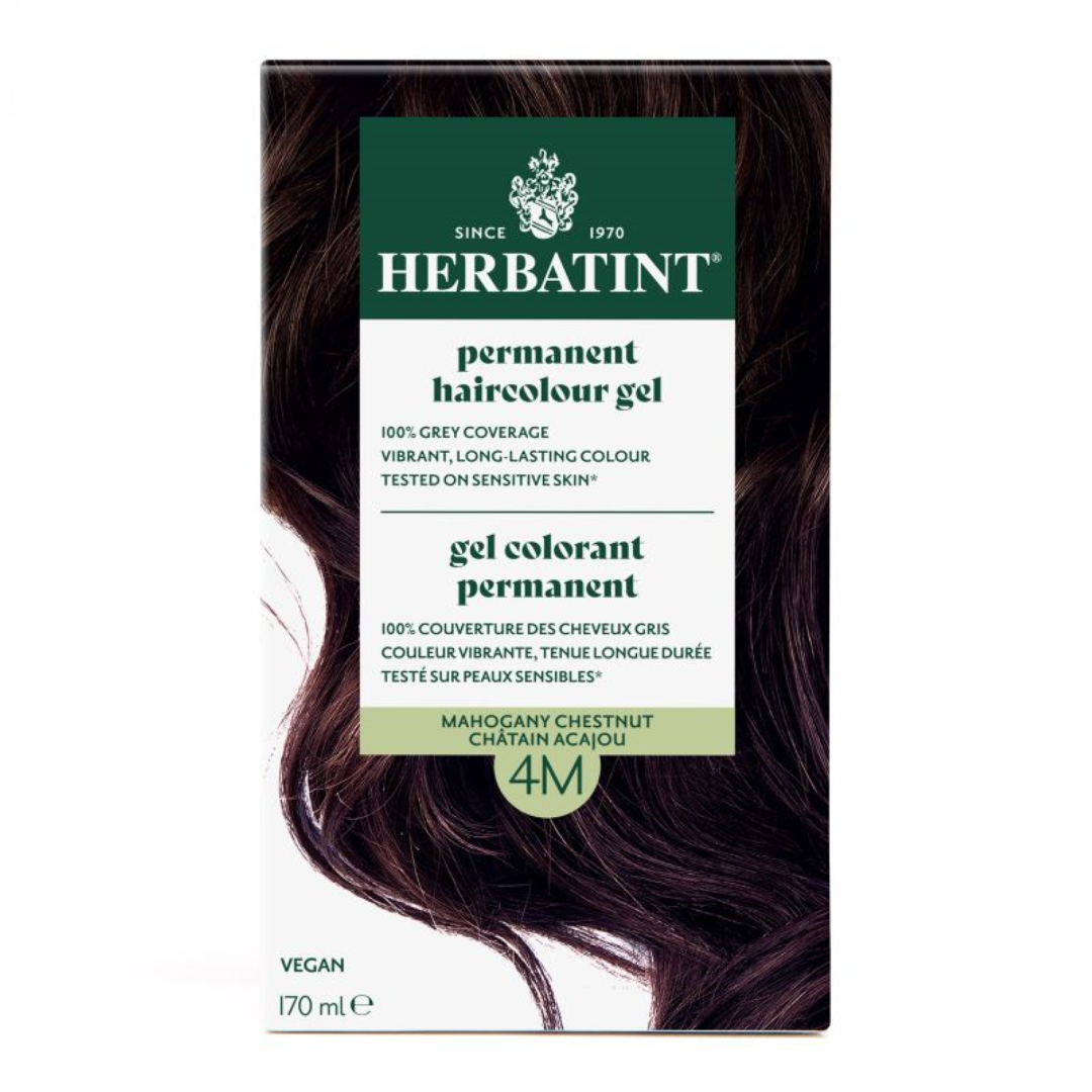 Herbatint permanent haircolour gel packaging with dark brown hair sample on a white background