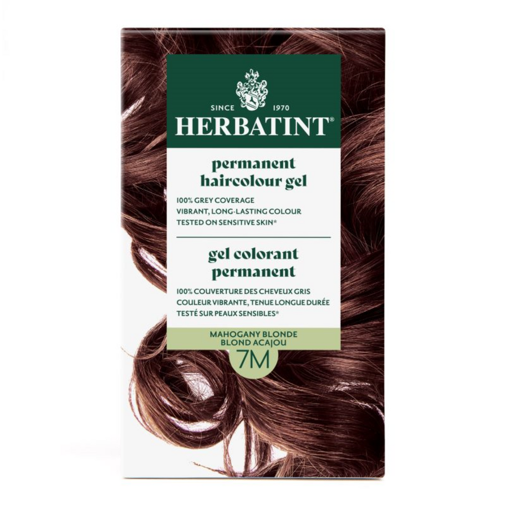 Herbatint permanent haircolour gel packaging with brown hair sample on a white background
