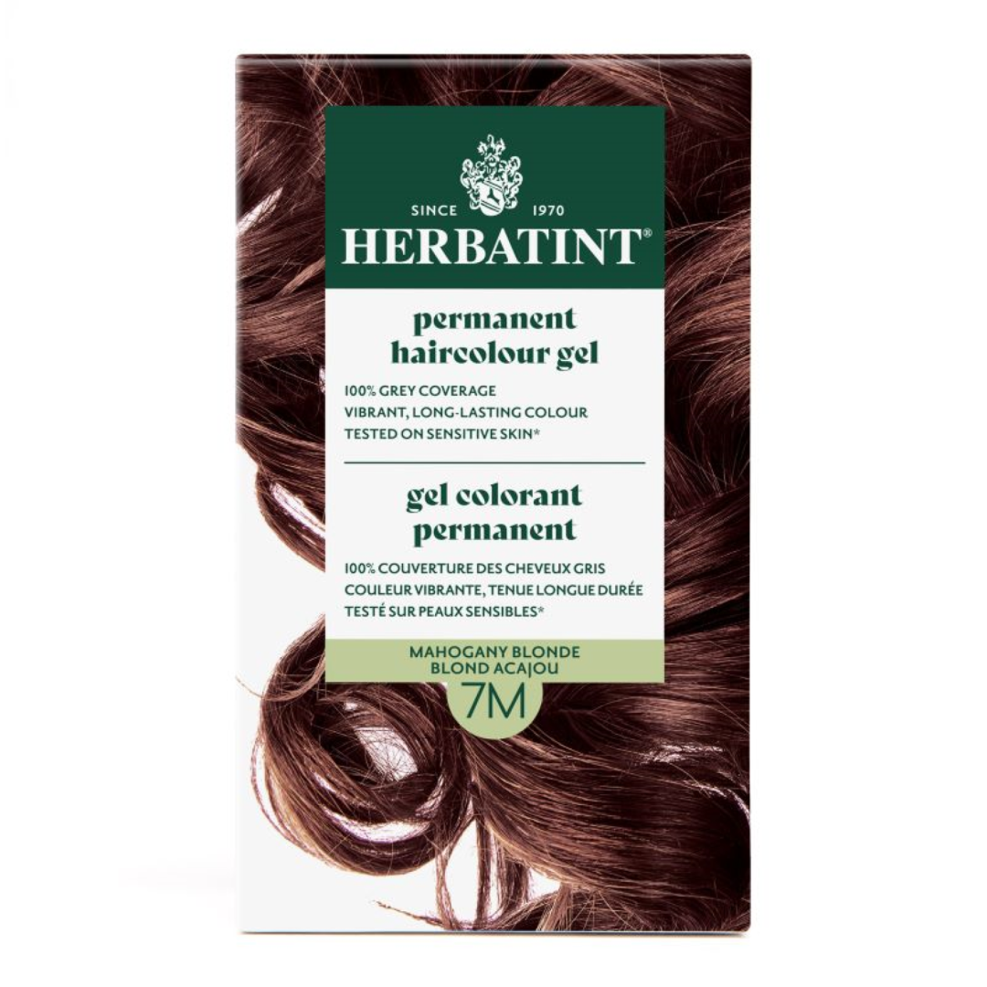 Herbatint permanent haircolour gel packaging with brown hair sample on a white background