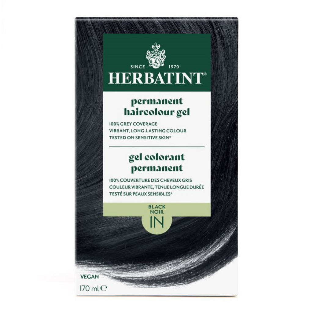 Herbatint permanent haircolour gel packaging with black hair sample on a white background