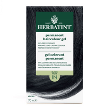 Herbatint permanent haircolour gel packaging with black hair sample on a white background