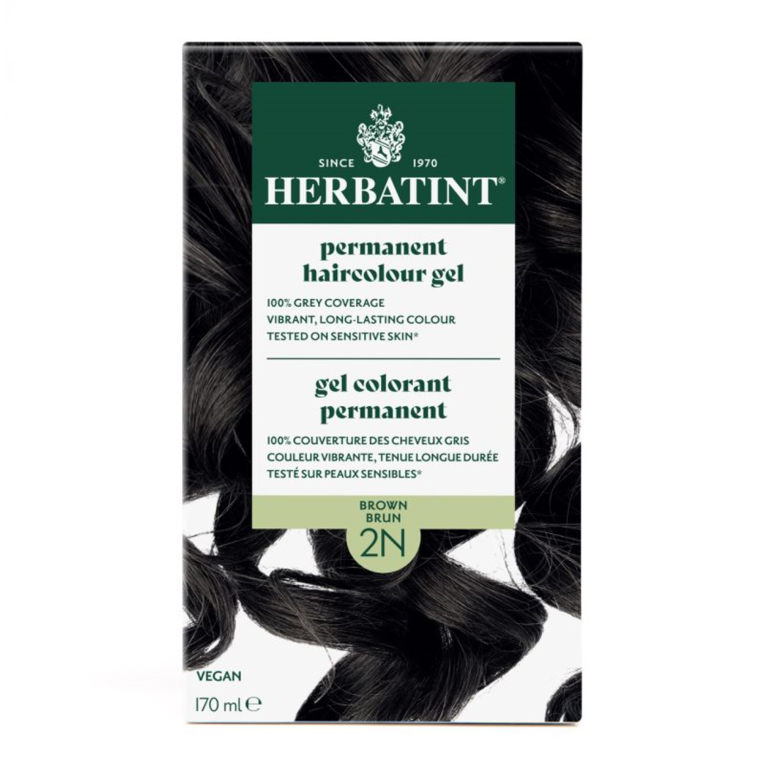 Herbatint permanent haircolour gel box with black hair strands on a white background