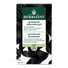 Herbatint permanent haircolour gel box with black hair strands on a white background