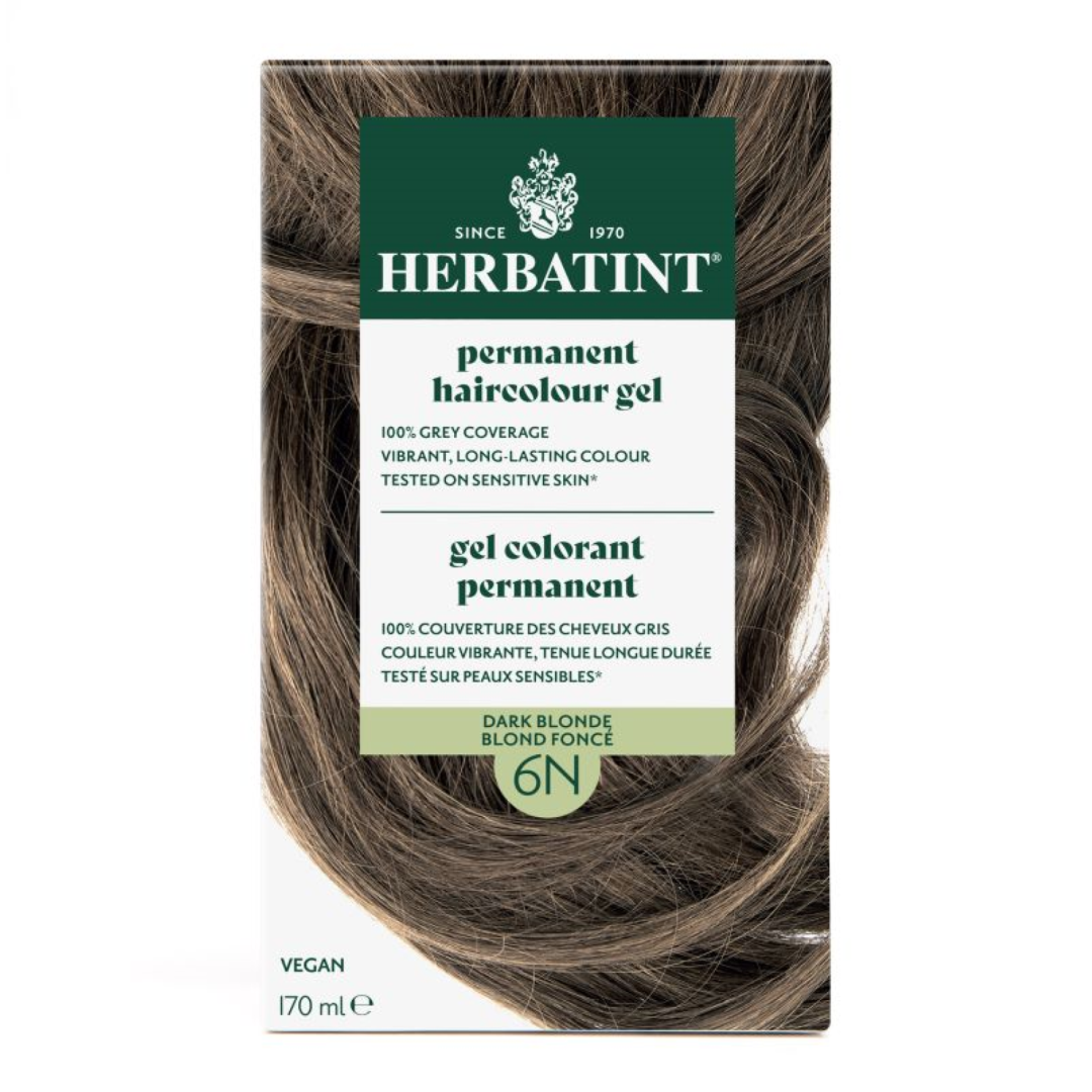 Herbatint permanent haircolour gel packaging with dark blonde hair sample on a white background