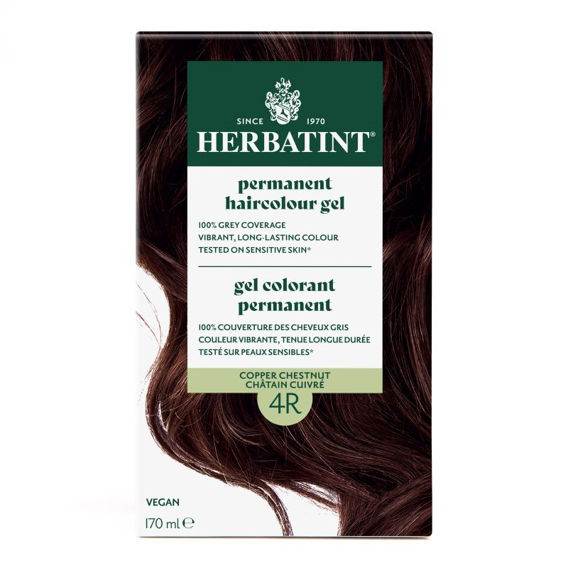 Herbatint permanent haircolour gel packaging with brown hair sample on a white background