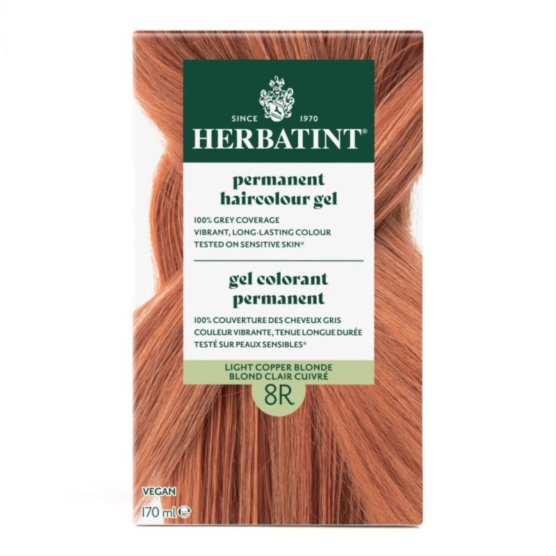 Herbatint permanent haircolour gel packaging with a brown hair sample on a white background