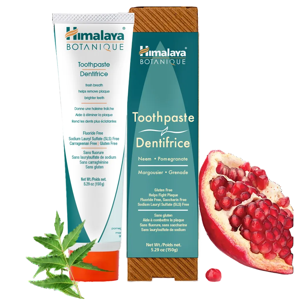 Himalaya Botanique toothpaste packaging with pomegranate and neem elements on a white background