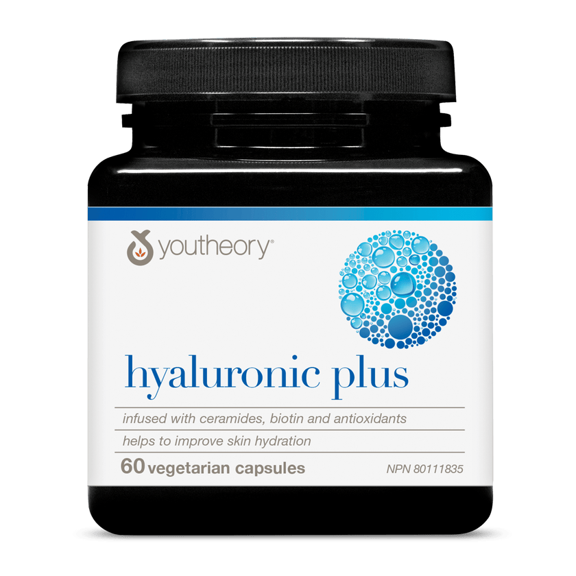 Youtheory Hyaluronic Plus supplement bottle on a white background