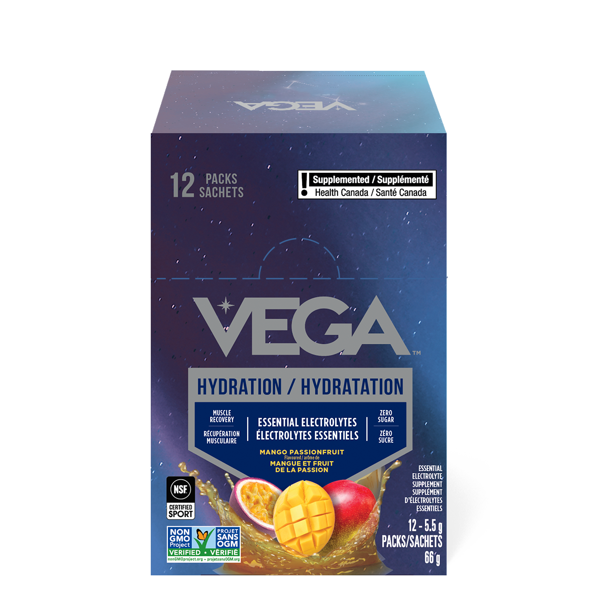 Vega hydration package with mango and passionfruit on a blue background