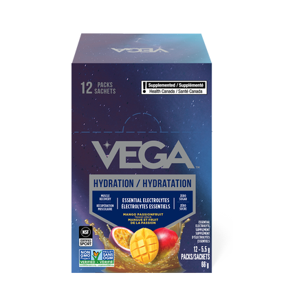 Vega hydration package with mango and passionfruit on a blue background