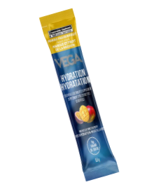 Vega protein powder stick pack on a white background