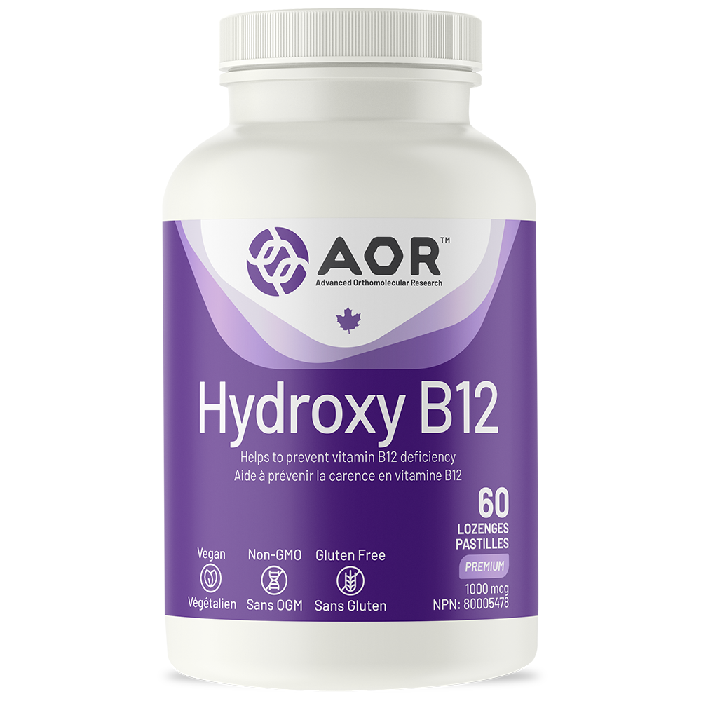 AOR Hydroxy B12 supplement bottle on a white background