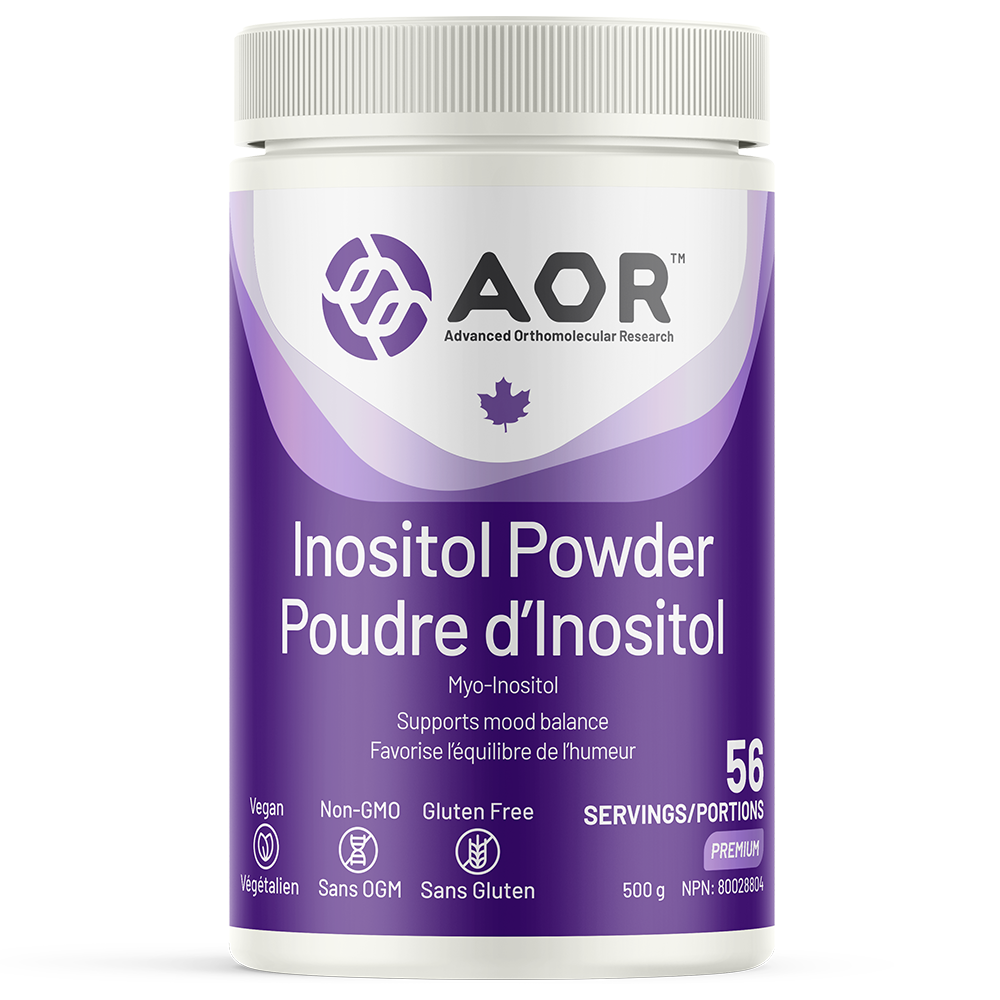 AOR Inositol Powder container with purple and white design on a white background