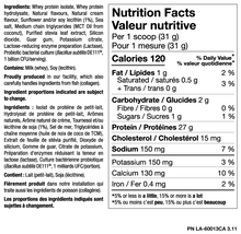 Nutrition facts label for a protein supplement with detailed ingredient list and nutritional information.