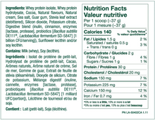 A close-up of a French Nutrition Facts label on a white background, showing ingredients, allergens, and nutritional information for whey protein isolate.