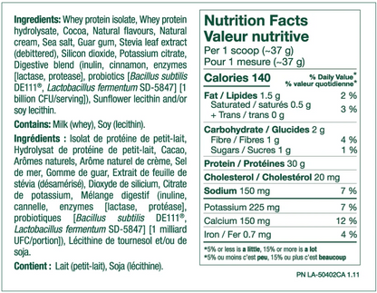 A close-up of a French Nutrition Facts label on a white background, showing ingredients, allergens, and nutritional information for whey protein isolate.